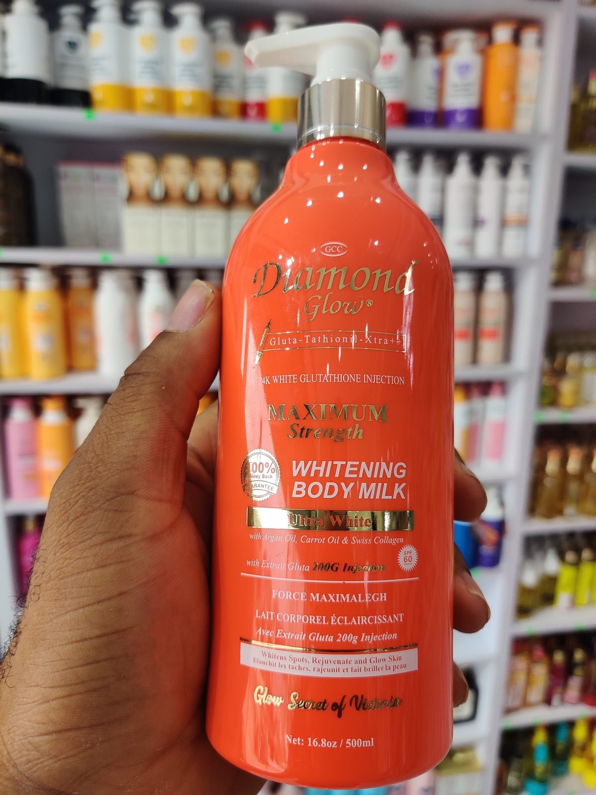 Diamond Glow (GCC) Maximum Strength, Ultra White, 24K White Glutathione Injection, Whitening Body Milk, with Argan Oil Carrot Oil & Swiss Collagen, SPF60 500ml / 16.8oz