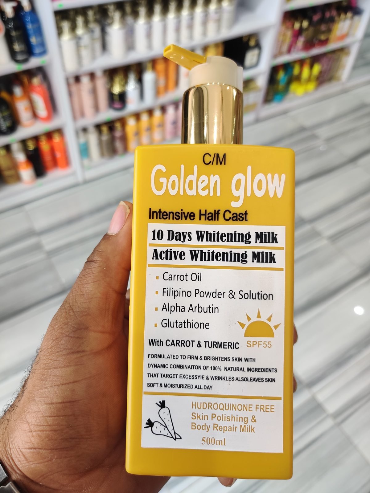 Golden Glow (C/M) Intensive Half Cast, 10 Days Whitening Milk, Active Whitening Milk, Carrot Oil+Filipino Powder+Alpha Arbutin+Glutathione, SPF55 500ml