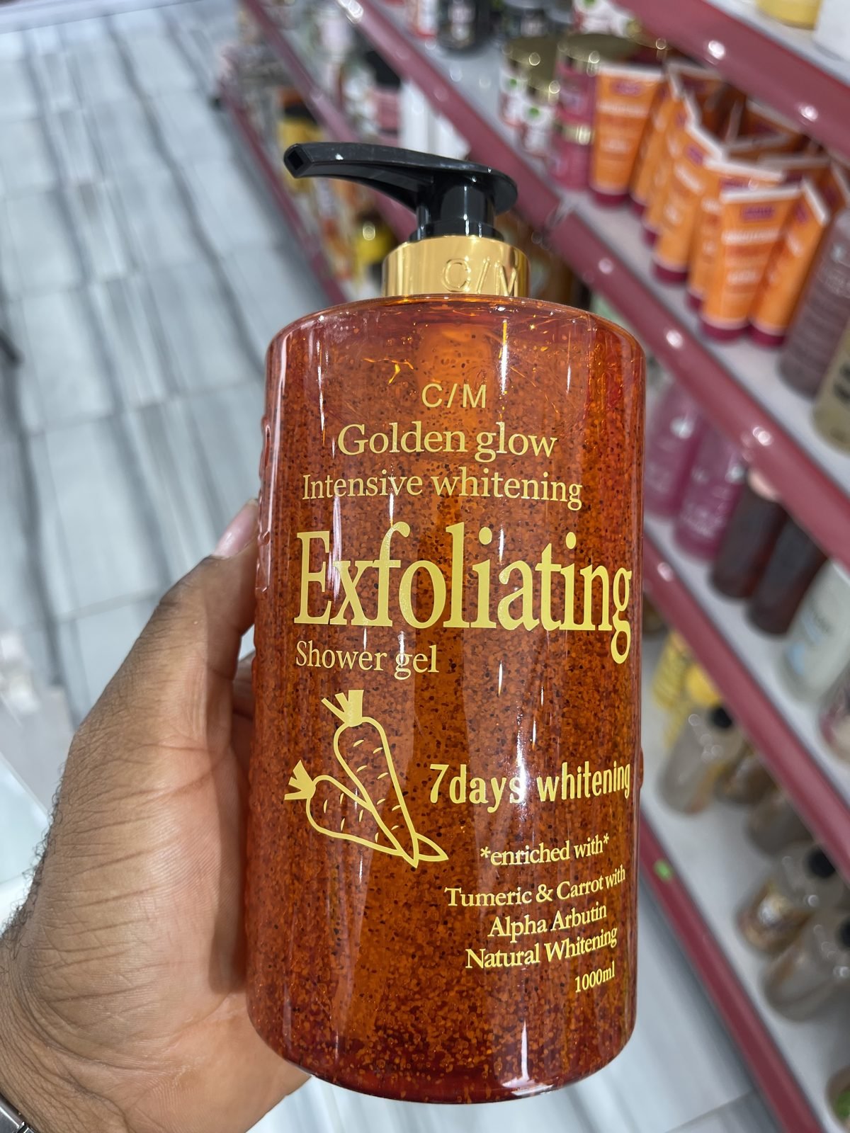 C/M Golden Glow Intensive Whitening Exfoliating Shower Gel, Turmeric & Carrot, Alpha Arbutin, 7 Days Whitening 1000ml