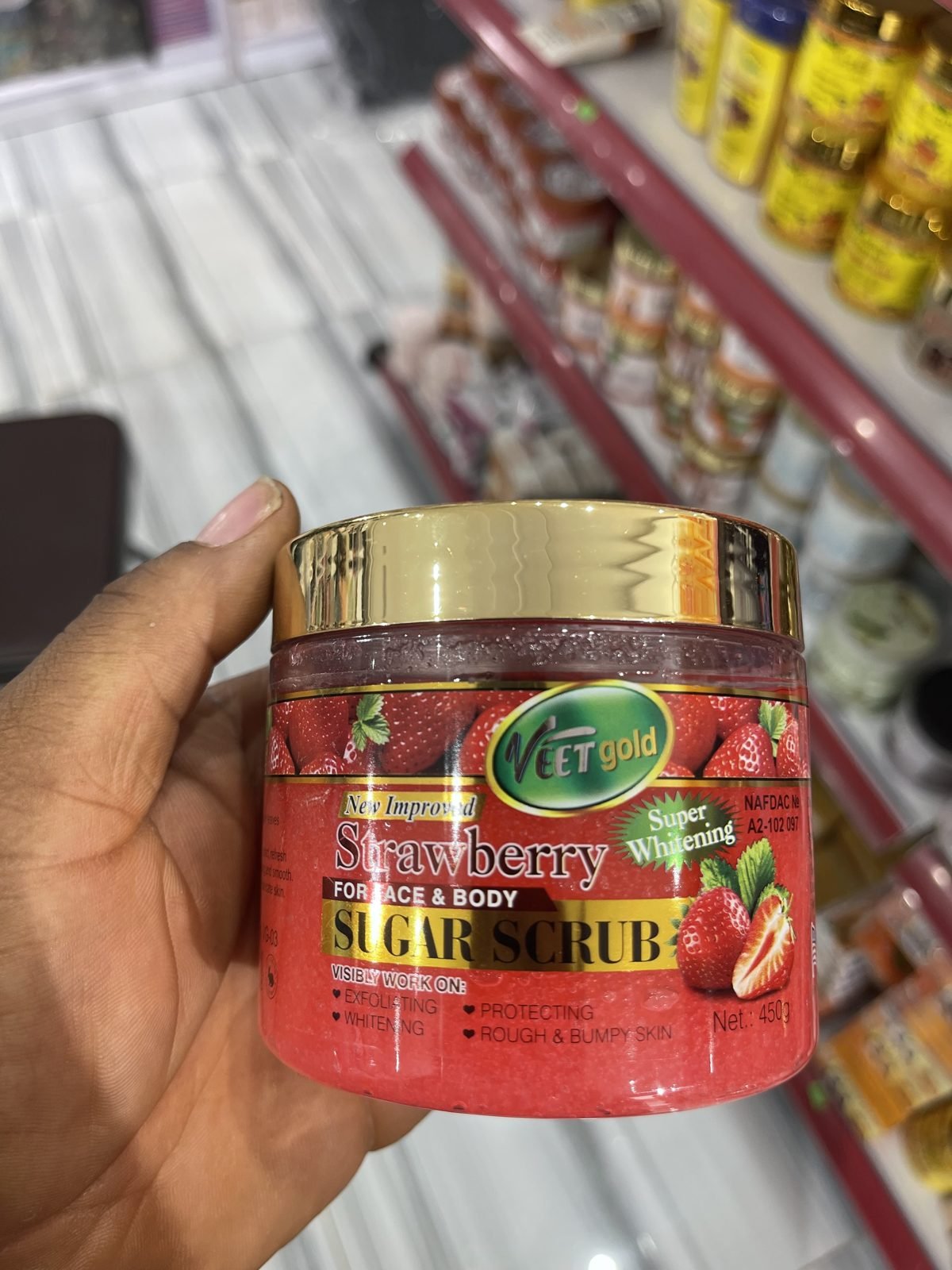 Veet Gold New Improved Strawberry Super Whitening Sugar Scrub for Face & Body 450g