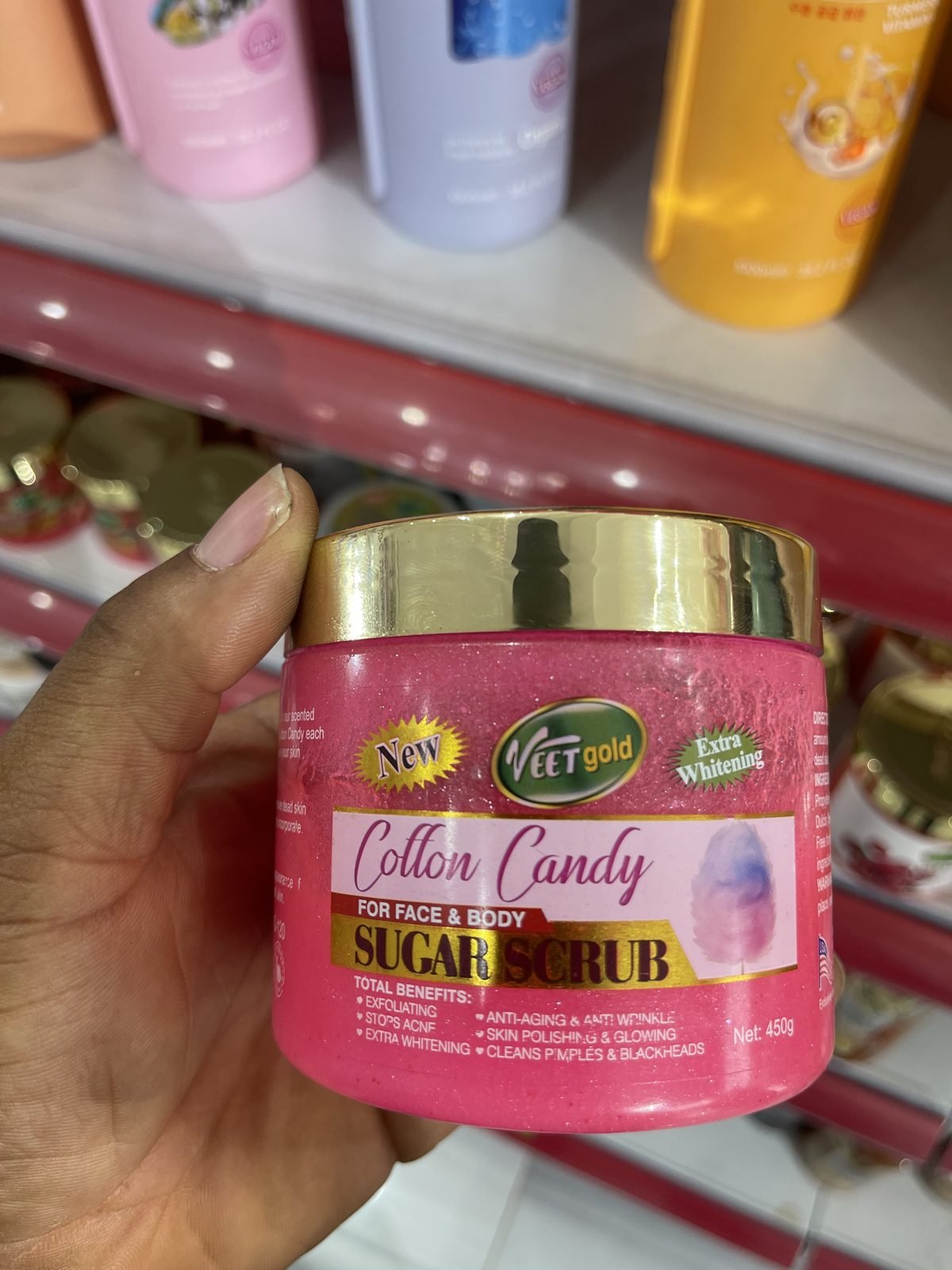 Veet Gold New Cotton Candy Sugar Scrub for Face & Body - Extra Whitening 450g