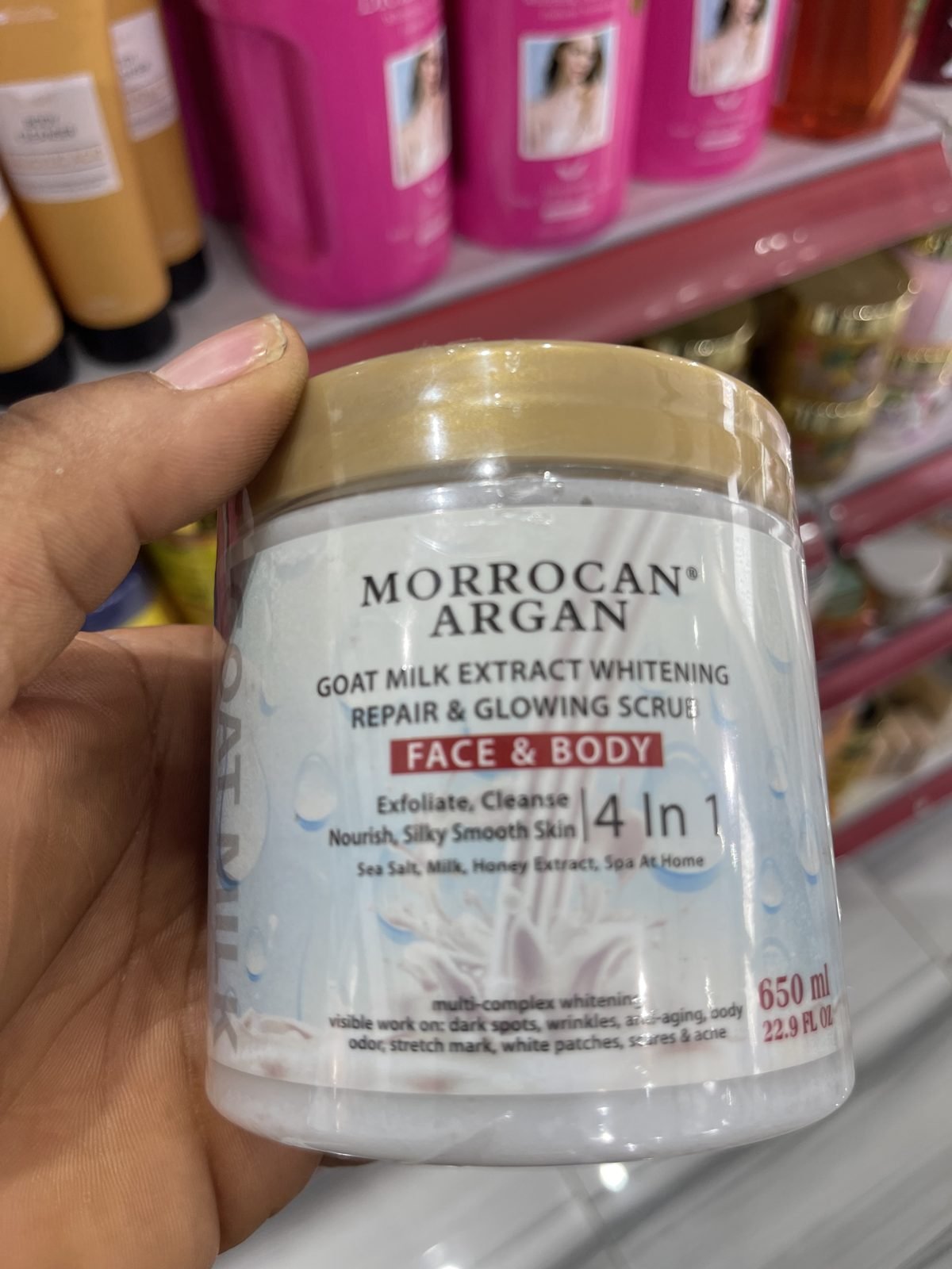 Morrocan Argan Goat Milk Extract Whitening Repair & Glowing Scrub - Face & Body 4 in 1 (Sea Salt, Milk, Honey Extract) 650 ml / 22.9 FL OZ