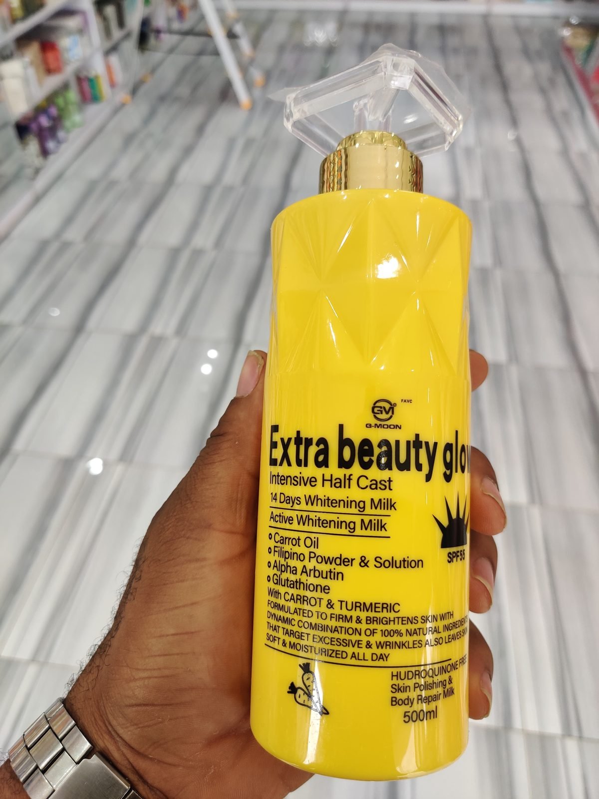 GVI G-Moon Extra Beauty Glow, Intensive Half Cast, 14 Days Whitening Milk, Carrot Oil+Filipino Powder+Alpha Arbutin+Glutathione, SPF55 500ml