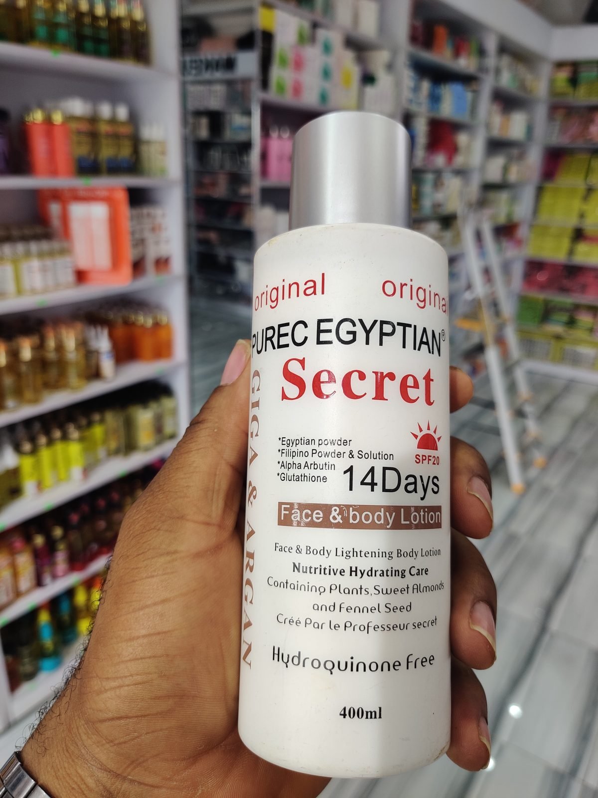 Purec Egyptian Secret original, Giga & Argan, Face & Body Lightening Lotion, Nutritive Hydrating Care, with Plants Sweet Almonds and Fennel Seed, 14 Days, SPF20 400ml