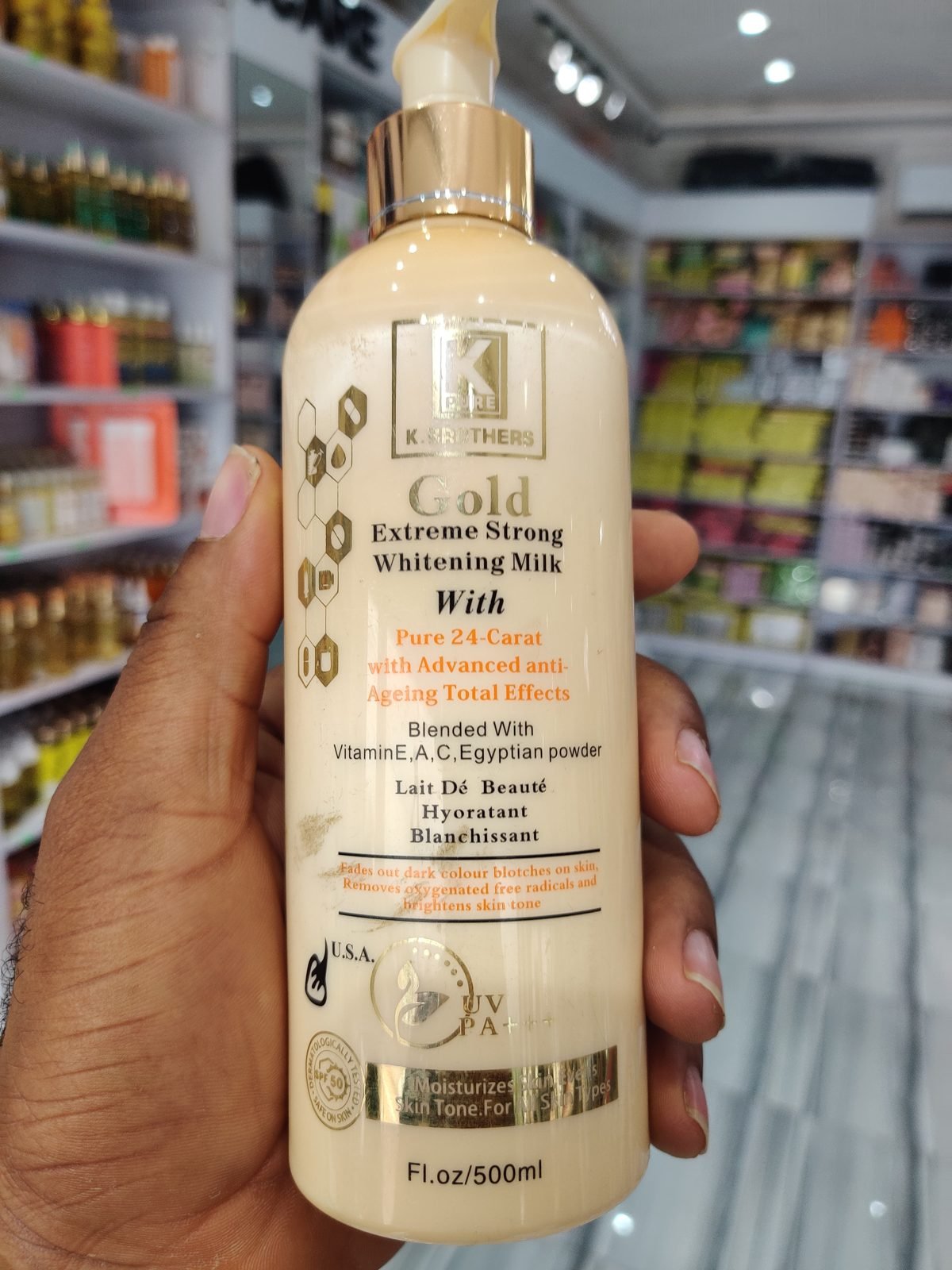 K Brothers (K.Pure) Gold, Extreme Strong Whitening Milk, with Pure 24-Carat, Advanced Anti-Ageing Total Effects, Blended with Vitamin E A C, Egyptian powder, SPF50 500ml