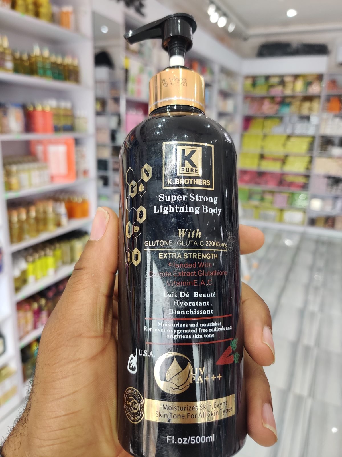 K Brothers (K.Pure) Super Strong Lightning Body, with Glutone+Gluta-C 220000mg, Extra Strength, Blended with Carrote Extract+Glutathione+Vitamin E A C, SPF50 500ml