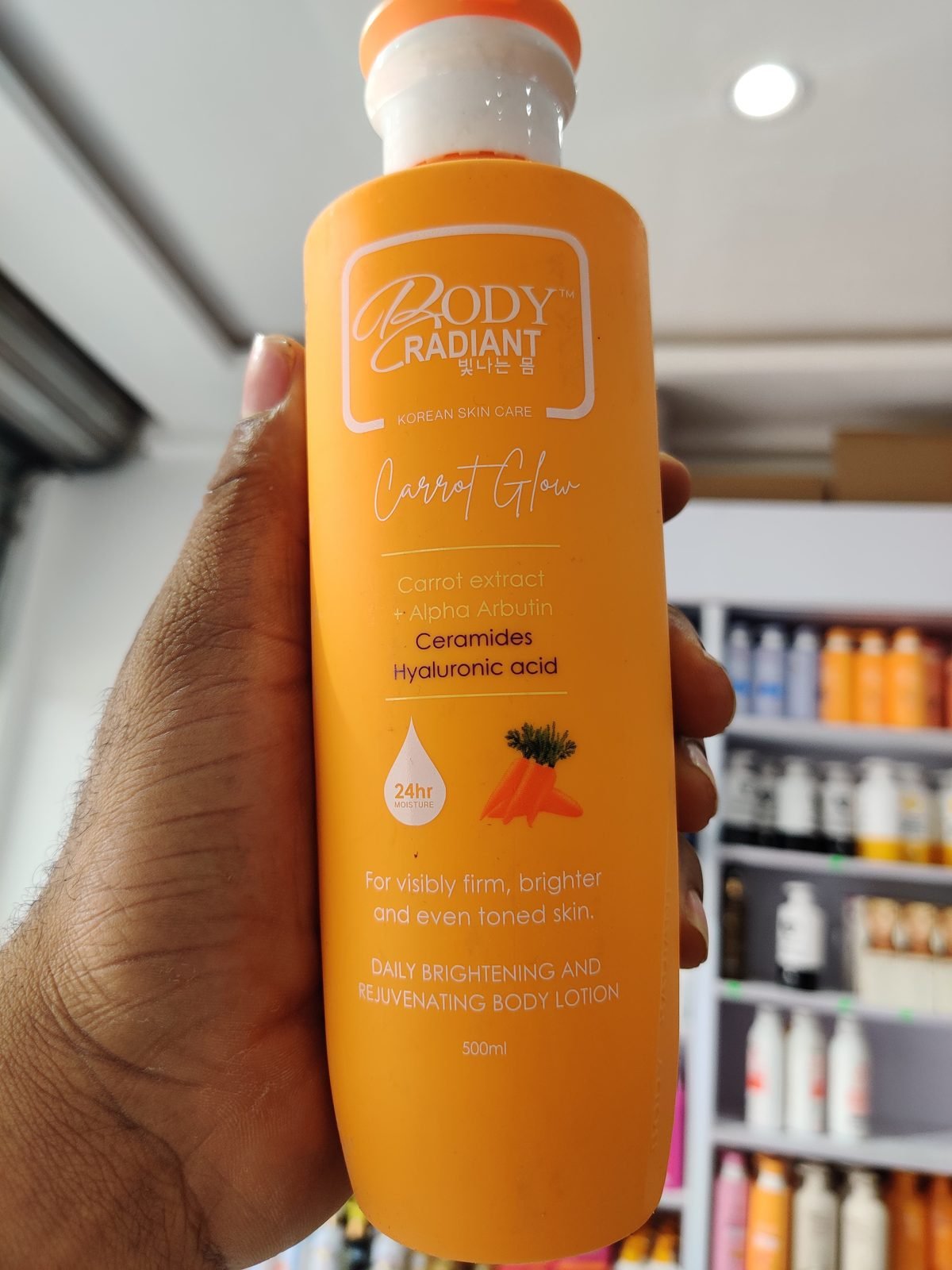 Body Radiant (Korean Skin Care) Carrot Glow, Carrot extract+Alpha Arbutin+Ceramides+Hyaluronic acid, 24hr Moisture, Daily Brightening and Rejuvenating Body Lotion 500ml