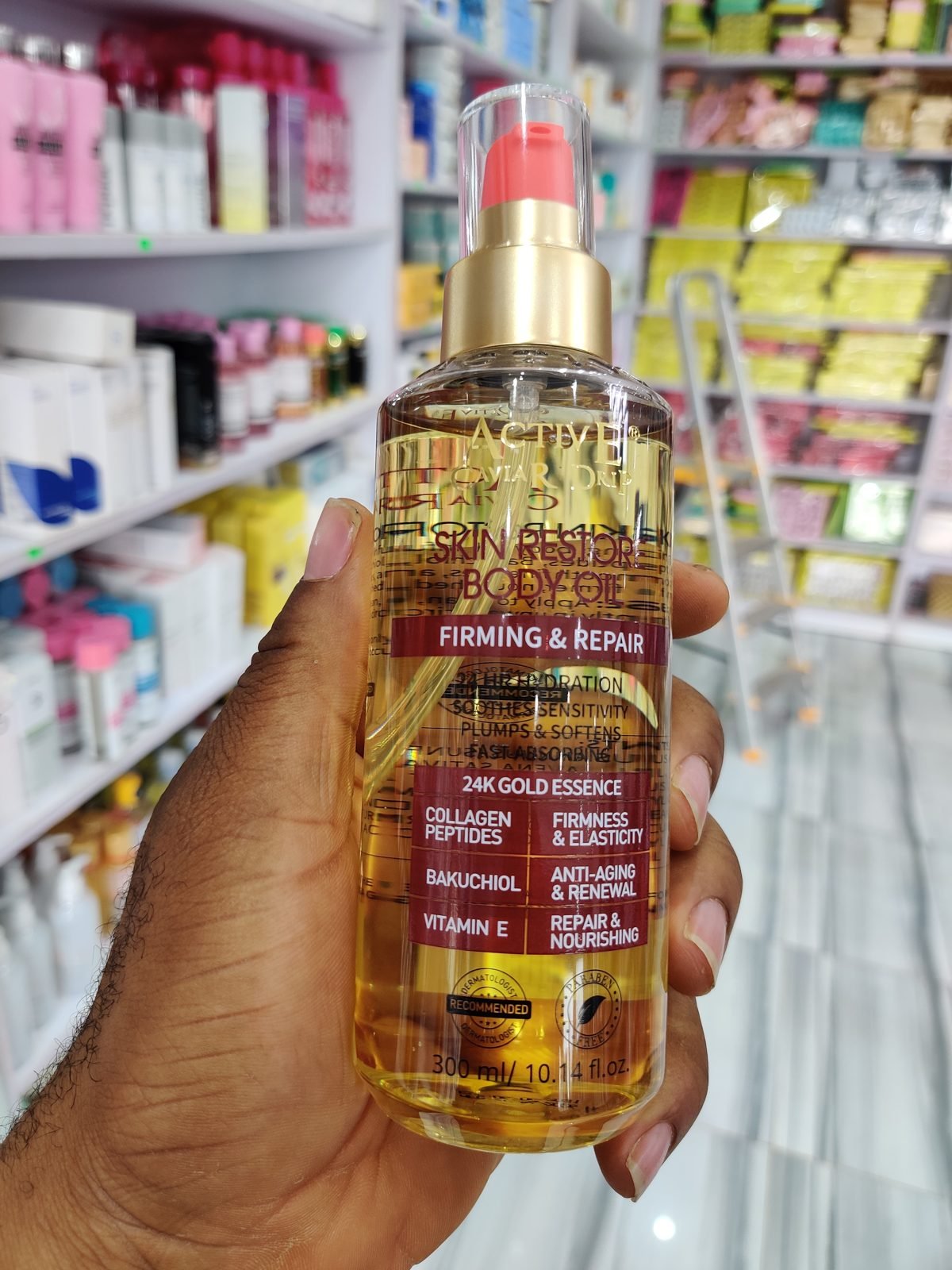 Active Caviar Grand Skin Restore Body Oil, Firming & Repair, 24K Gold Essence, Collagen Peptides, Bakuchiol, Vitamin E 300ml