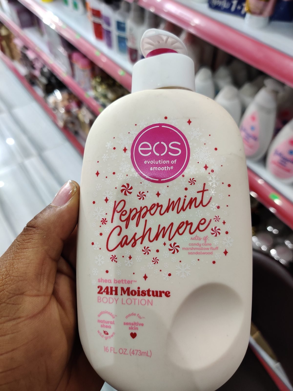 eos (evolution of smooth) shea better 24H Moisture Body Lotion, Peppermint Cashmere (notes: candy cane, marshmallow fluff, sandalwood) 16 FL OZ (473mL)