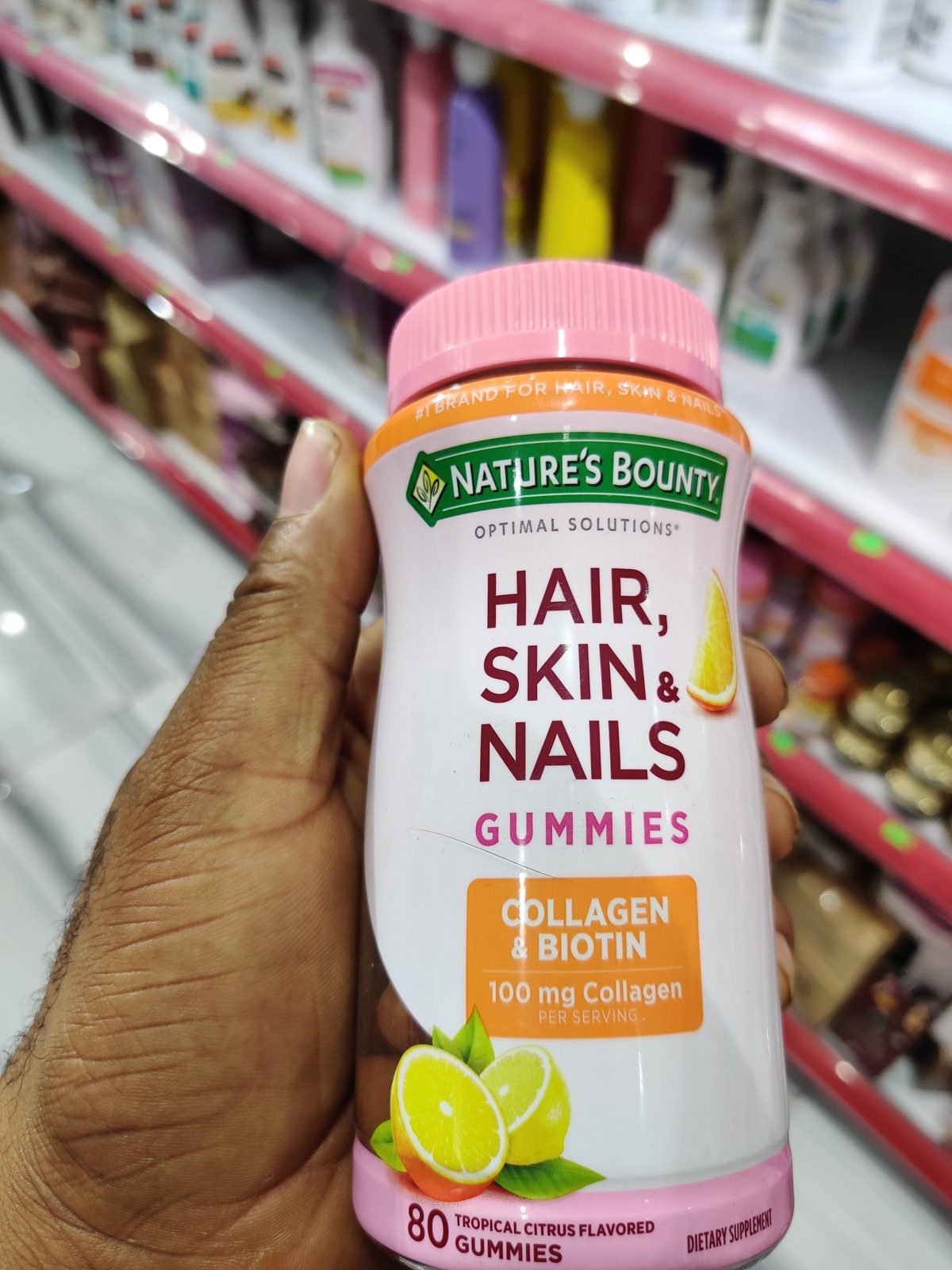 Nature's Bounty Optimal Solutions Hair, Skin & Nails Gummies, Collagen & Biotin, 100mg Collagen, Tropical Citrus, 80 Gummies